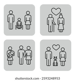 Collection of line icons representing diverse family structures and activities, including parents with children, grandparents, and pets. Love and companionship concept