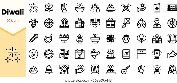 A collection of line icons representing Diwali, featuring traditional symbols like lamps, fireworks, and festive decorations, showcasing the celebration's rich cultural essence.