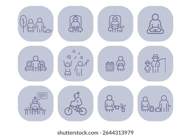 Collection of line icons representing elderly individuals engaging in diverse activities. Seniors walking, reading, meditating, and enjoying music, illustrating life stages