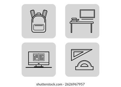 Collection of line icons representing essential education items like backpack, desk, computer, books, and measuring tools. Useful for educational resources or graphic designs