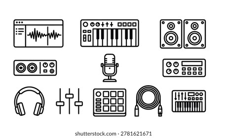 A collection of line icons representing essential equipment and tools used in music production and audio engineering.