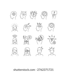 Collection of line icons representing headache, migraine, stress, and mental tension. Simple vector illustrations for medical and health concepts.