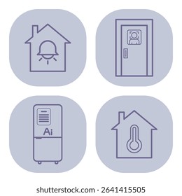 Collection of line icons representing home automation concepts including smart lighting, entry door, temperature control, and smart appliances. Ideal for technology integration