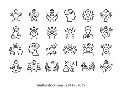 A collection of line icons representing mental health, therapy, support, self-care, and well-being, displayed in a grid format.