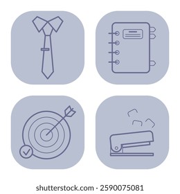 Collection of line icons representing office essentials, including tie, notebook, target, and stapler. Professional environments and tasks concept