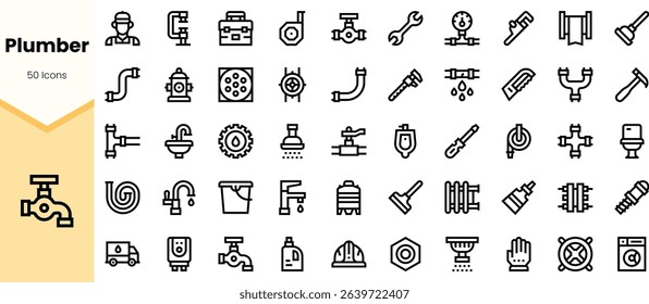 A collection of line icons representing plumbing tools, water fixtures, and maintenance equipment, perfect for plumbing services and home repair projects.