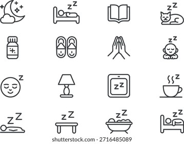 Collection of line icons representing sleep and relaxation