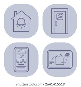 Collection of line icons representing smart home technology, featuring doorbell, door, mobile app interface, and home monitoring system. Modern innovation concept