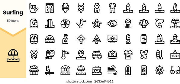 A collection of line icons representing surfing elements, including waves, boards, marine life, and beach accessories, ideal for a summer-themed design project.