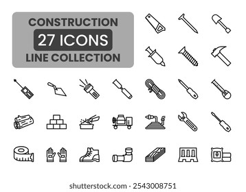 A collection of line icons representing the tools and materials used in construction. These icons would be perfect for creating visual content for website, apps, or home improvement services.