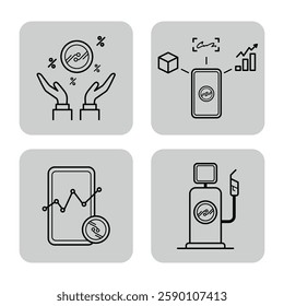 Collection of line icons representing various aspects of cryptocurrency, including investment, market analytics, and fuel spending, suitable for digital finance references