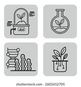 Collection of line icons representing various botanical studies, including lab equipment, plant growth, and genetic analysis