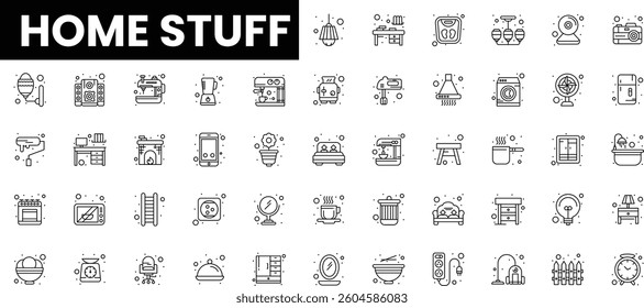 A collection of line icons representing various home items and appliances.