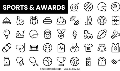 A collection of line icons representing various sports and awards in a minimalist style.