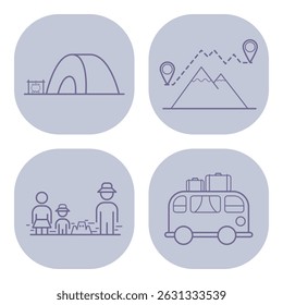 Collection of line icons representing various outdoor activities including camping, hiking, family fun on beach, and road trips. Ideal for travel-related themes