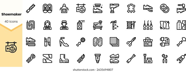 A collection of line icons representing various shoemaking tools, materials, and processes, suitable for design projects in fashion and craftsmanship.