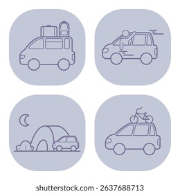 Collection of line icons representing various travel activities. Car filled with luggage, moving vehicle, campsite, and bike on car, showcasing outdoor exploration