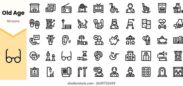A collection of line icons representing various aspects related to old age, including healthcare, mobility aids, and activities for seniors.