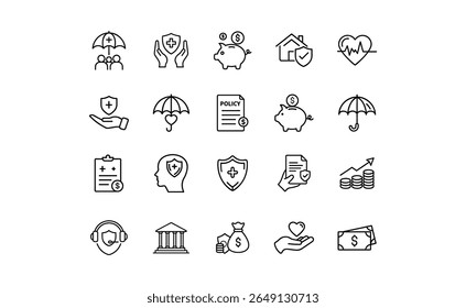 Collection of line icons representing various insurance and financial protection concepts.  Icons include health, home, life, and general insurance.