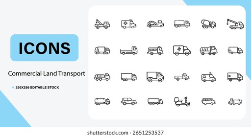 Uma coleção de ícones de linha que representam vários veículos de transporte terrestre comercial. Inclui caminhões, vans, ambulâncias e veículos especializados, perfeito para logística e projetos temáticos de transporte.