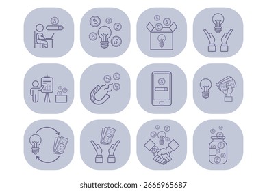 Colección de íconos de líneas que representan varios conceptos de negocio como finanzas, innovación y colaboración
