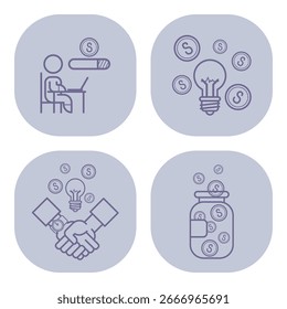 Collection of line icons representing various business concepts, including innovation, investment, partnership, and financial growth. Ideal for use in web design and presentations