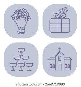Collection of line icons representing various elements of celebrations, including bouquet, gift, champagne tower, and church, suitable for invitations or greeting cards