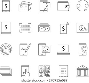 Una colección de iconos de línea que representan varios aspectos de la banca por Internet, diseñados con trazos editables para la personalización. Gráficos temáticos de tecnología financiera.