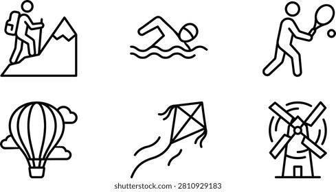 A collection of line icons representing various outdoor activities sports and leisure pursuits