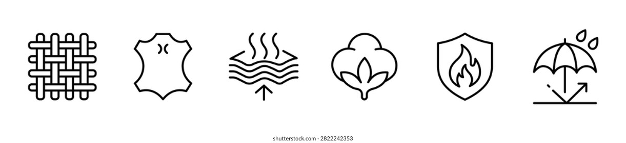 Collection of line icons representing various textile and fabric properties such as weave, leather, breathability, cotton material, fire resistance, and waterproof.