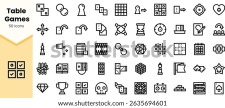 A collection of line icons representing various table games, featuring pawn pieces, dice, game boards, and strategic moves, perfect for game enthusiasts and designers.