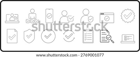 A collection of line icons representing various aspects of verification and checklist management on a transparent background