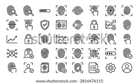 A collection of line icons representing various aspects of digital security and identity verification, including fingerprint scanning, locks, and user authentication.