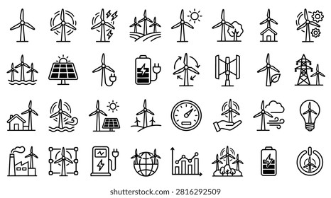 A collection of line icons representing wind turbines, solar panels, batteries, and other renewable energy sources. Icons show wind turbines in various settings, including on land, sea, and near houses, as well as solar panels, charging stations, and a lightbulb.