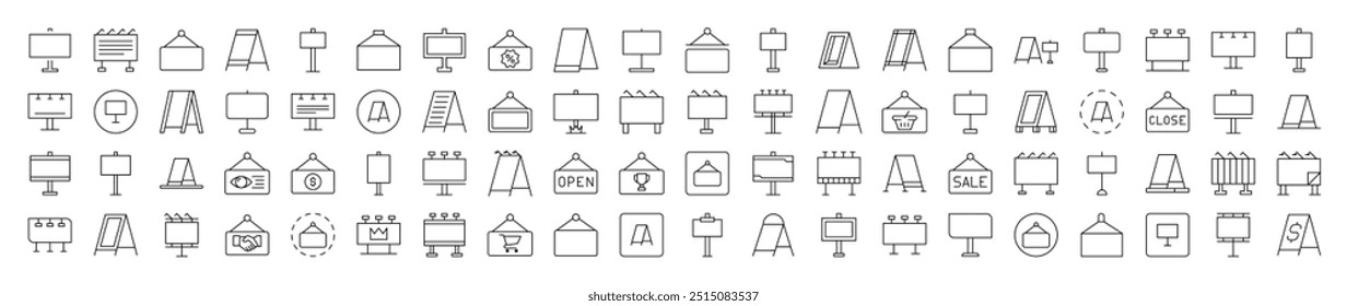 Collection of Line Icons of Sandwich Panel, Billboard, Signboard. Editable Stroke. Minimalistic Linear Pictogram for Design of Cards, Apps, Banners, Posts