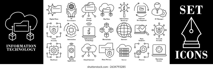 A collection of line icons set Information Technology. Includes thin line symbols such as download UI elements, networking, cloud computing, system control, and technology.