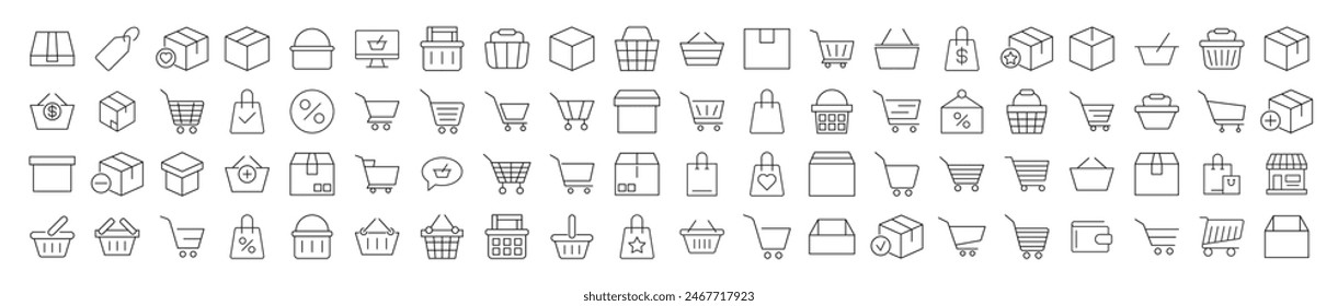 Collection of Line Icons of Shops, Stores, Shopping Cart and Shopping Basket for Adverts. Suitable for books, stores, shops. Editable stroke in minimalistic outline style. Symbol for design 