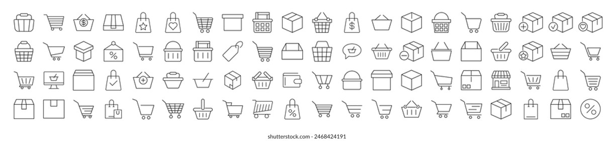 Collection of Line Icons of Shops, Stores, Shopping Cart and Shopping Basket. Suitable for books, stores, shops. Editable stroke in minimalistic outline style. Symbol for design 