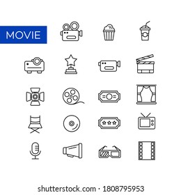 A collection of line icons from showbiz and filmmaking. Suitable for design elements from cinema, video channels, movies and acting performances. Camera icon, film roll, and cinema ticket.