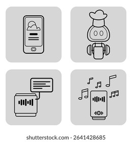 Collection of line icons showcasing smartphone, robotic character, message box, and music player. Modern communication and entertainment technologies concept