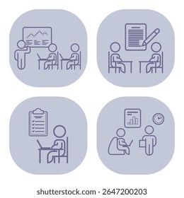 Coleção de ícones de linha que mostram várias atividades de reunião de negócios. Apresentações, assinatura de contrato, revisões de listas de verificação e sessões de trabalho colaborativas entre indivíduos