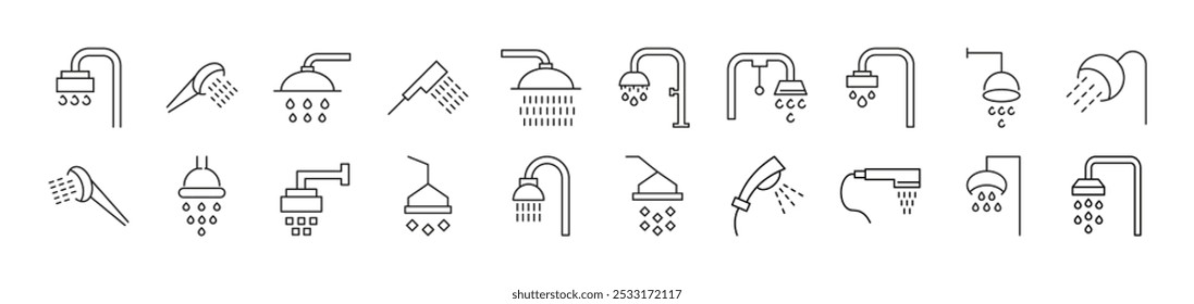 Collection of Line Icons of Shower. Suitable for books, stores, shops. Editable stroke in minimalistic outline style. Symbol for design