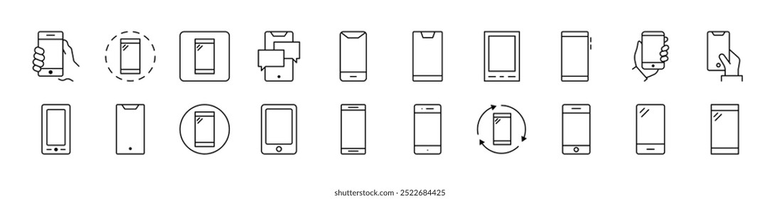 Colección de los iconos de línea de Smartphone. Trazo Editable. Pictograma lineal minimalista para el diseño de tarjetas, App, Anuncios, publicaciones