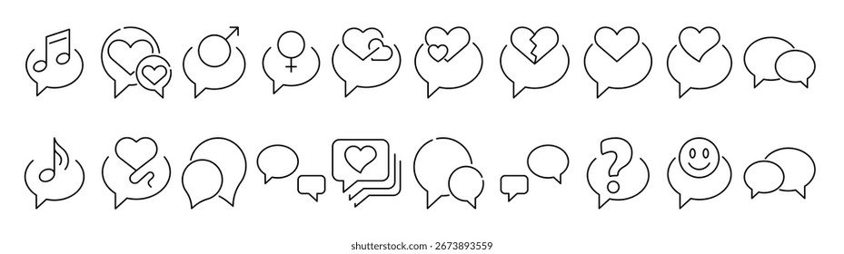 Colección de los iconos de línea de la burbuja de discurso. Pictograma lineal minimalista para Web y Diseño gráfico, App, Anuncios, redes sociales y tarjetas