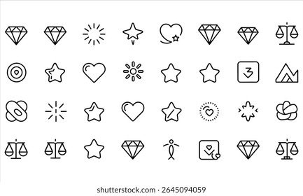 Collection of line icons stars hearts diamonds and more