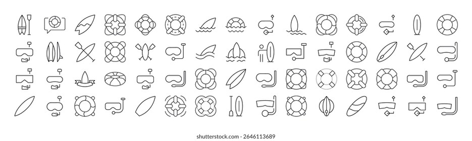 Collection of Line Icons of Surfboard, Lifeline, Diving Mask. Minimalistic Linear Pictogram for Web and Graphic Design, Apps, Banners, Social Network and Cards