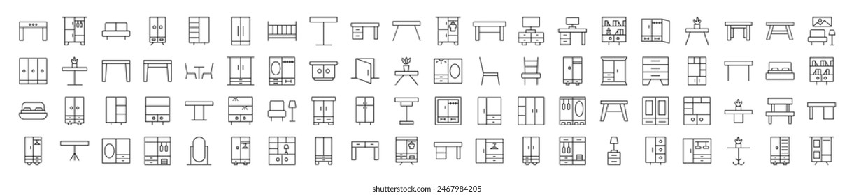 Collection of Line Icons of Tables and Closets for Adverts. Suitable for books, stores, shops. Editable stroke in minimalistic outline style. Symbol for design 