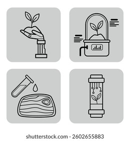 Collection of line icons with technology trends in sustainable agriculture. Robot hand nurturing plant, hydroponics, lab testing, and plant growth systems