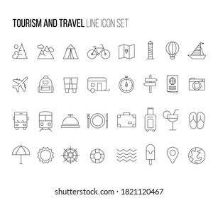 Collection of line icons for travelling around the globe. Mountains, forest, sea, bike, camping, map, light house, hot air balloon, compass, camera, passport, drinks, transport, food, gastronomy