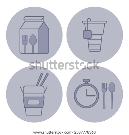 Collection of line icons of various dining elements. Utensil, drink cup, takeout container, and timer. Food or menu concept